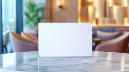 A realistic acrylic table tent mockup placed on a sleek marble table in a high-end restaurant
