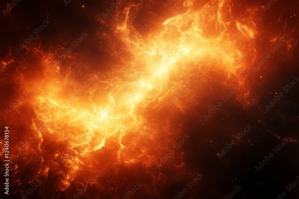 Poster fiery celestial clouds illuminate the depths of space in a dynamic cosmic formation