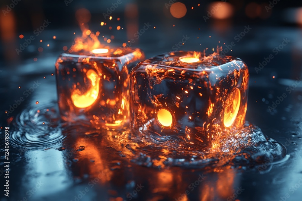 Poster glowing lava-like ice cubes melting in shallow water with fiery reflections in a dark environment