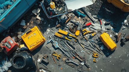 Workers' tools scattered under an incomplete carport expansion.