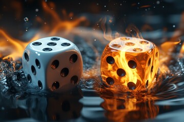 Colored dice float in water surrounded by flames creating a striking contrast of elements