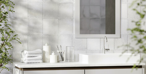 Contemporary bathroom scene with clean lines and organized accessories, 3D render illustration.
