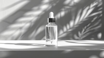 A small transparent plastic bottle with a dropper cap, placed centrally on a clean white medical table.