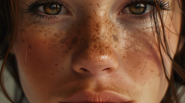 A beautiful young woman with freckles on her face looks at the camera with her big brown eyes. Her long brown hair is pulled back in a ponytail.
