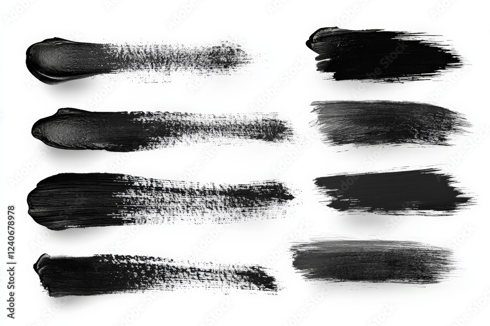 Poster Various strokes of black paint on a white background showcasing texture and application techniques for artists