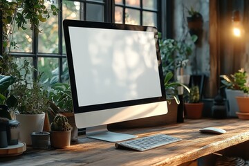 Fototapeta premium Front View of Computer with Blank White Screen on Wooden Desk in Modern Office, Close-Up Mockup Photo