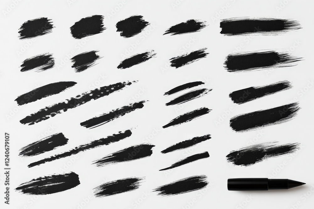 Poster Multiple black paint strokes created with a marker on a white canvas showcasing artistic techniques and textures