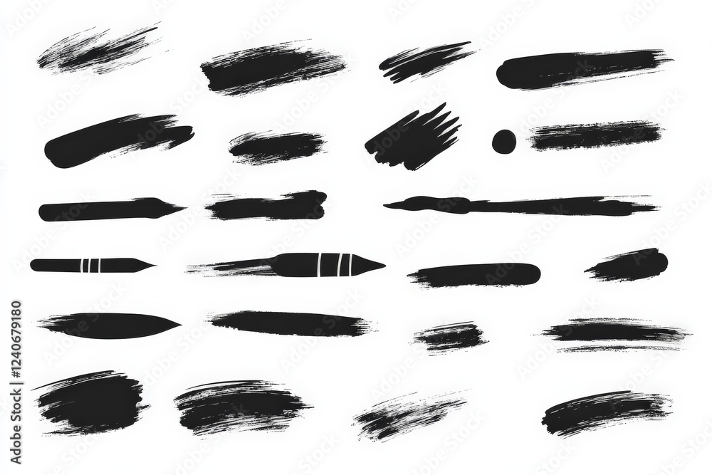 Poster various black brush strokes and shapes created with different techniques on white background for des