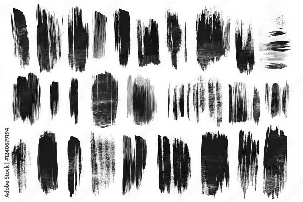 Poster unique collection of black brush strokes showcasing various artistic techniques and textures for dig