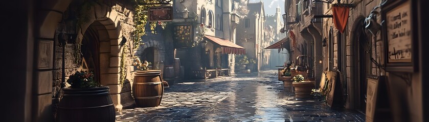 A charming cobblestone street scene in a quaint village, featuring historic buildings, rustic barrels, and flower adorned facades basking in sunlight, invoking a peaceful atmospher