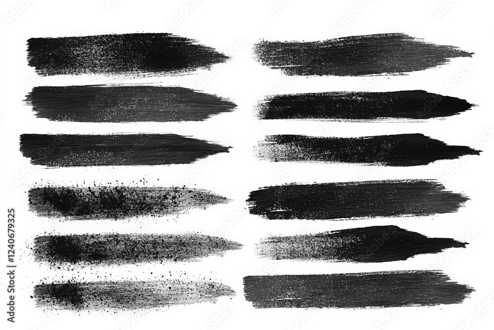 Poster black brush strokes on a white background showcasing various textures and techniques for artistic ex