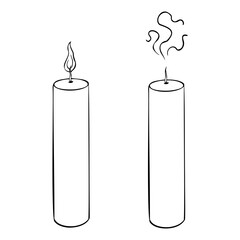 Set of Extinguished candle and wax candlelight with flame. Hand drawn outline illustration. Christmas or birthday design. Linear home decor Cozy object for aromatherapy in black and white colors.