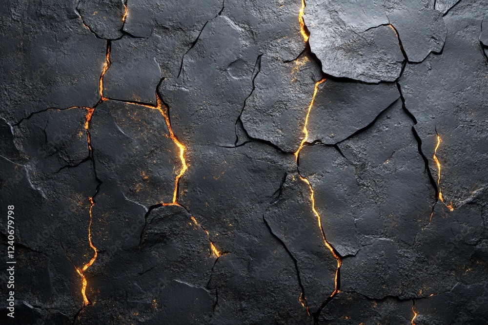 Poster textured black rock surface with glowing cracks revealing molten light during a geological event in 