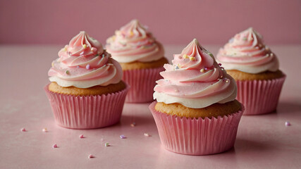 Pink cupcakes with smooth, swirled frosting, placed on a pastel pink surface. Soft, moist texture and delicate ridges in the frosting. A dreamy, elegant composition.