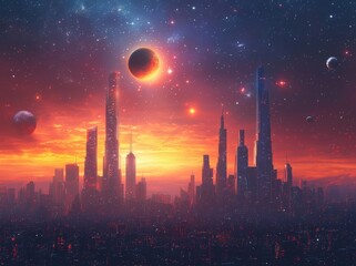 Fototapeta premium A banner background showcasing an abstract digital high tech city design, representing modern hi-tech, science, and futuristic technology, with a cityscape of a night city skyline, urban