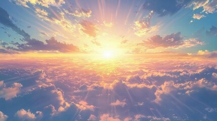 Fototapeta premium As the sun rises, vibrant rays illuminate the sky and clouds, creating a stunning panorama of warm colors. This magical moment captures the beauty of dawn, inviting a new day ahead