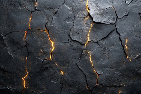 Textured black rock surface with glowing cracks revealing molten light during a geological event in a dark environment