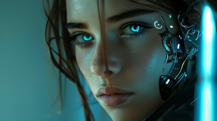 A beautiful young woman with blue eyes and a cybernetic implant on her face. She is looking at the viewer with a serious expression.