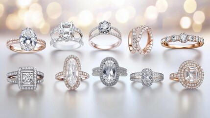 A collection of bridal rings in different styles displayed on a soft-focus backdrop