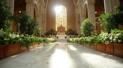 Sunlit cathedral sanctuary, Easter flowers, marble floor, peaceful background, religious ceremony