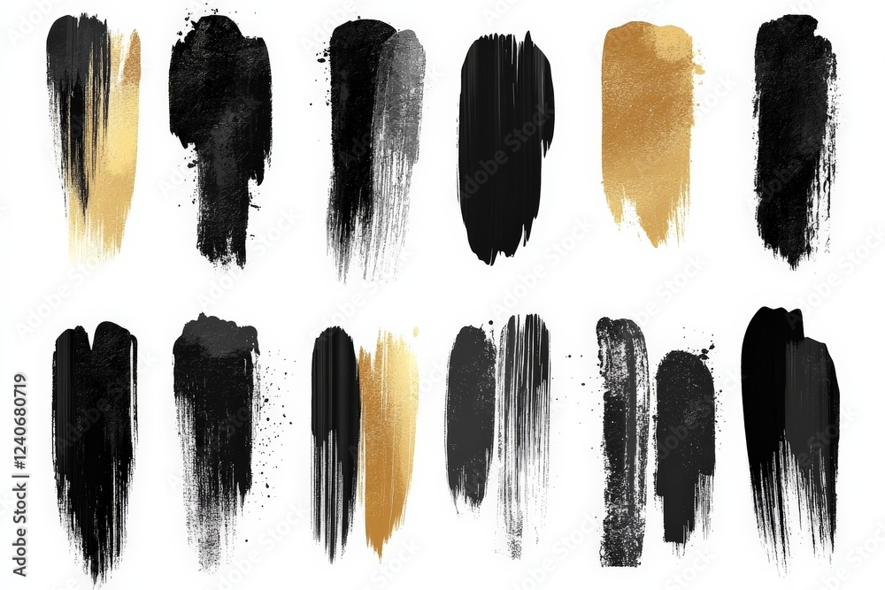 Poster dynamic brushstroke collection showcasing gold and black textures for artistic design
