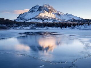 A serene snowy mountain peak reflecting in a frozen lake under soft sunlight