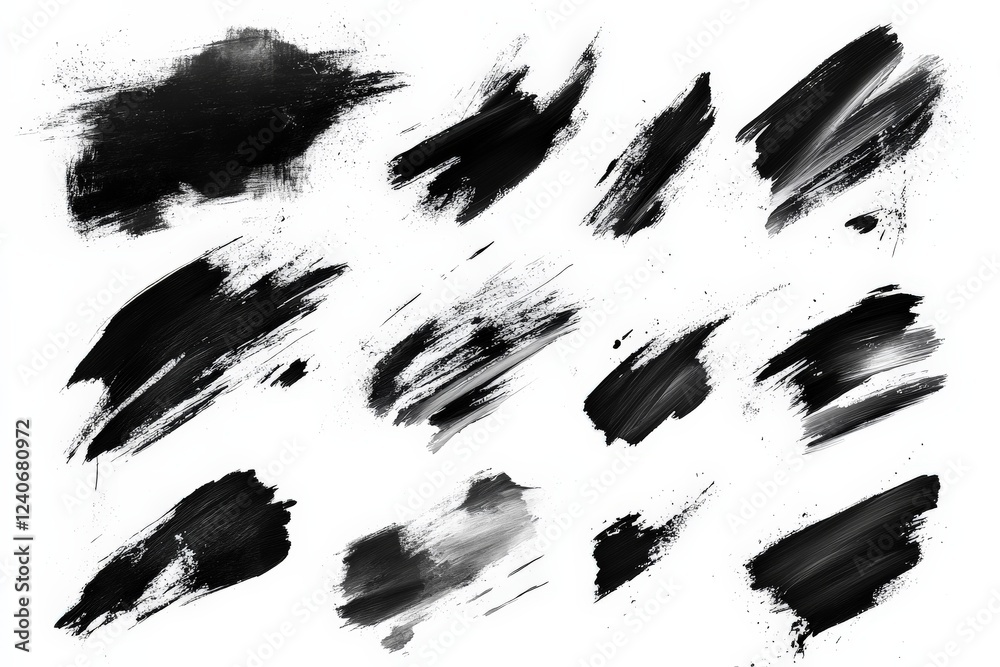 Poster abstract black paint strokes on a white background showcasing diverse textures and designs in contem
