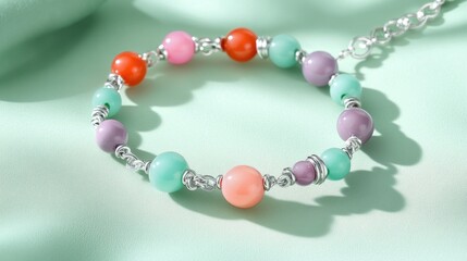 A delicate silver bracelet with colorful beads for kids on a light green background
