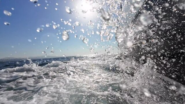 Side view of the sailing luxury yacht, foamy waves, and sunshine on the sea on a clear sunny day.