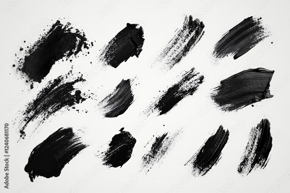 Poster black paint strokes on white background showcasing various textures and styles for artistic presenta