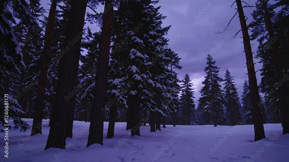 Poster a snowy scene in a pine forest at twilight, with long purple shadows stretching across a blanket of 