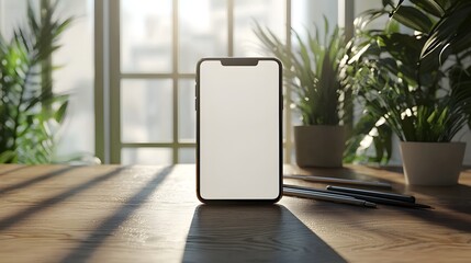Modern smartphone with blank screen on wooden desk with office supplies and natural lighting