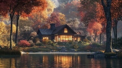 Fototapeta premium Autumnal Lakeside Cabin Retreat: A Serene Escape in Nature's Embrace