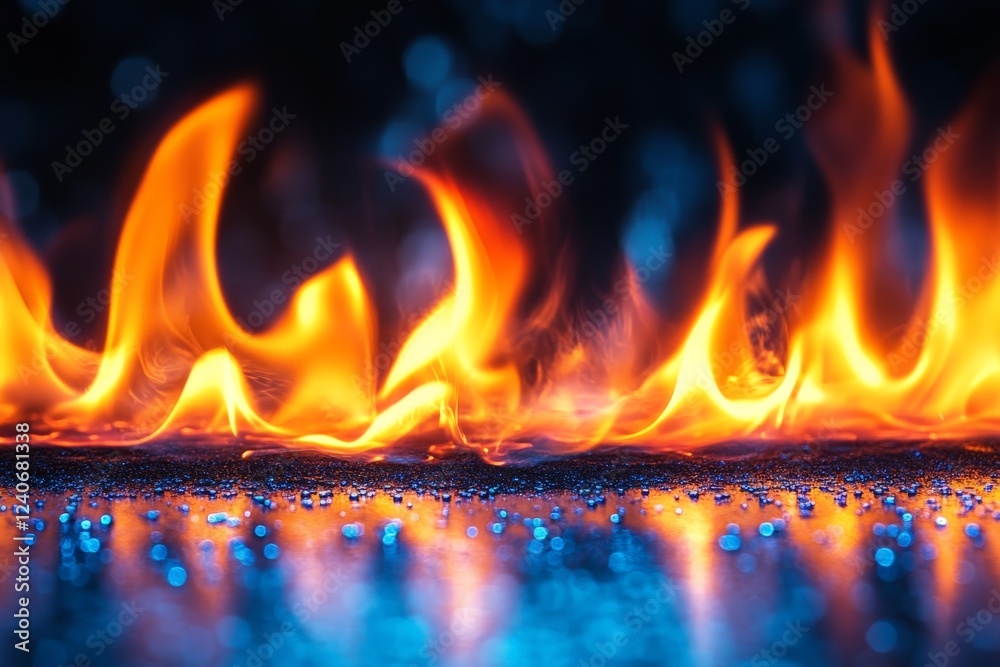 Poster vibrant flames dance on a reflective surface creating an enchanting visual spectacle at night