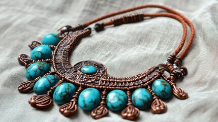 Obraz premium A handmade Bohemian necklace with turquoise stones on a neutral color backdrop