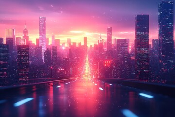 Abstract high-tech background featuring a vibrant cityscape of pink and orange skyscrapers
