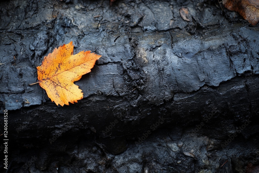 Poster bright orange leaf resting on a charred log in a forest during fall season