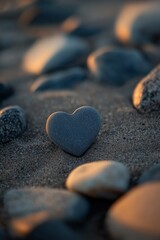 Obraz premium Heart-shaped stone on a sandy beach at sunset.