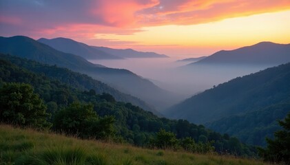 Fototapeta premium Morning mist clears to reveal the majestic Blue Ridge mountains at sunrise, nature, scenery, mist