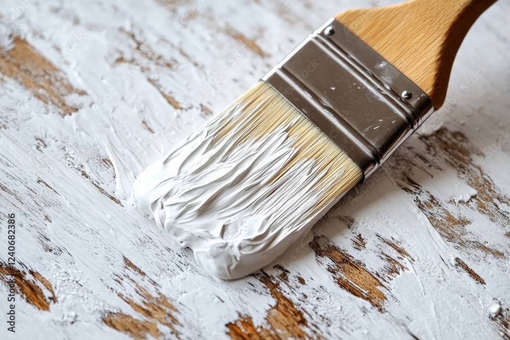 Poster applying white paint with a brush on a weathered wooden surface during a home improvement project