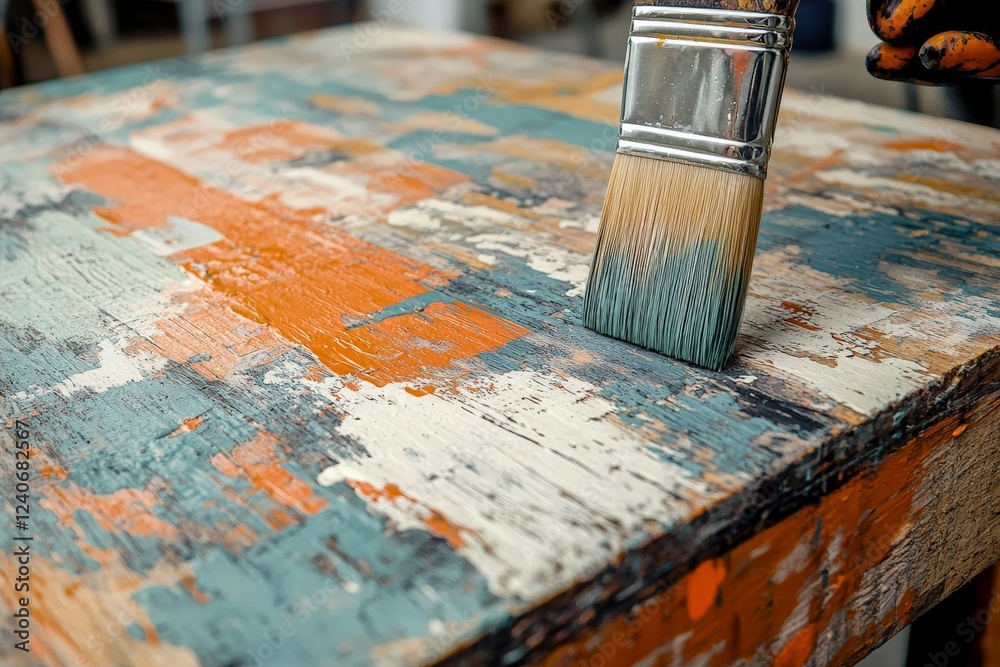Poster creative woodworking project featuring brush applying paint to textured surface in a workshop