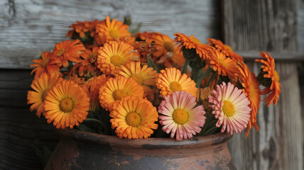 Calendula flowers arranged in a rustic pot.