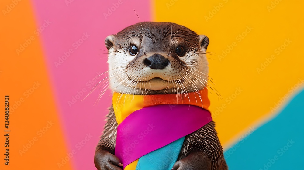 Wall mural lovable otter wearing a colorful sash isolated on a colorful background
