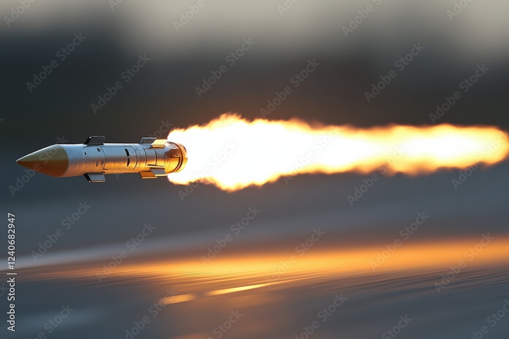 Poster rocket launches with powerful flames at dusk, showcasing advanced propulsion technology and engineer