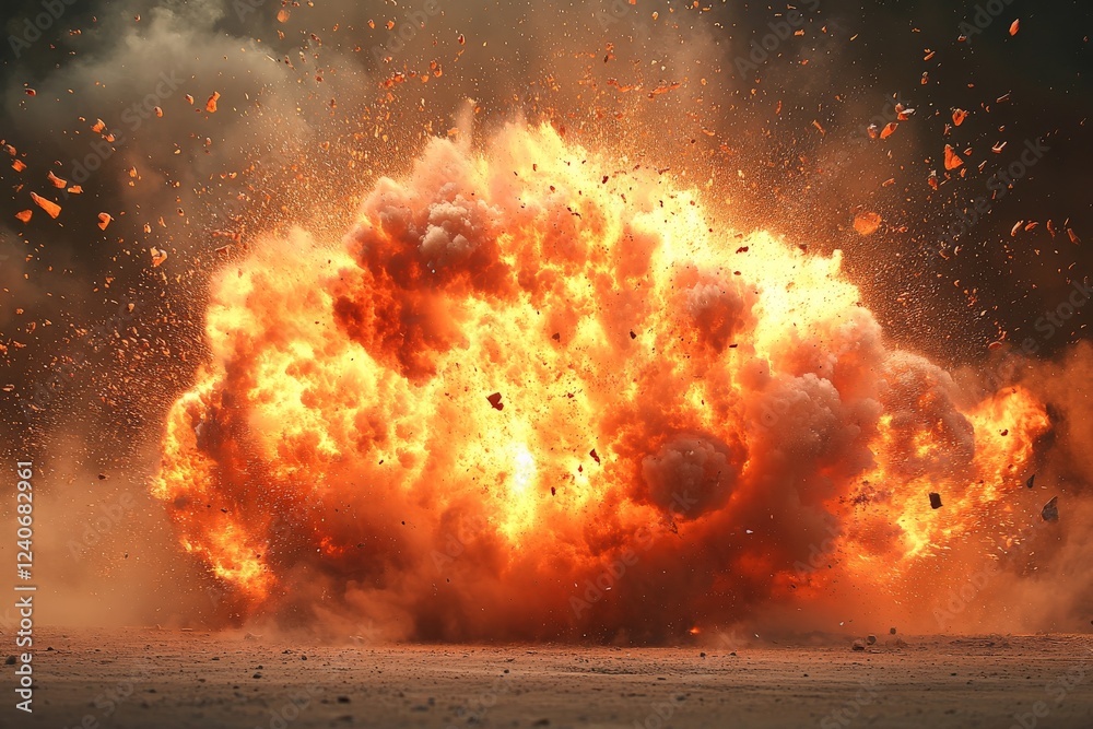 Aufkleber Explosive eruption in a desolate field creates a fiery burst of energy and debris during daylight hours