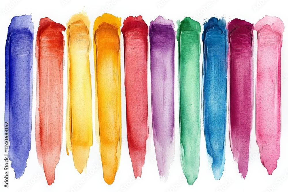 Poster bright and vibrant watercolor strokes arranged in a horizontal line on white background showcasing v