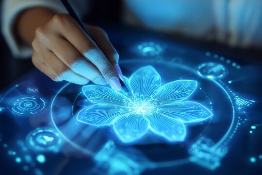 At a cutting-edge office desk, an African woman designer employs AI to create a digital 3D holographic flower.