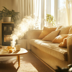 Gleaming Living Room with Floating Citrus and Mint Fragrance Waves, Generative AI