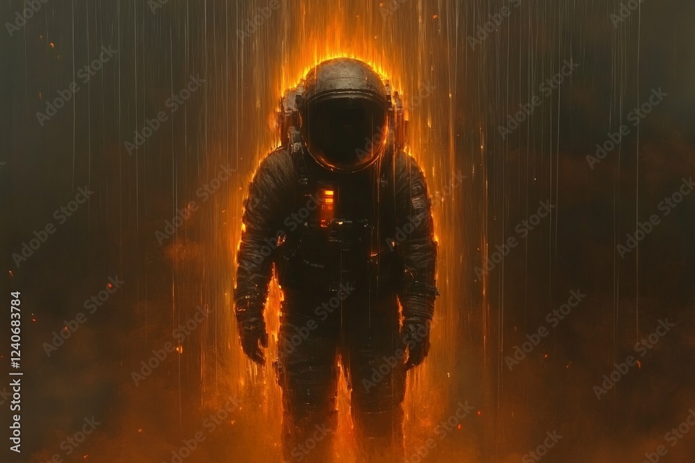 Aufkleber cosmic exploration with a fiery astronaut surrounded by glowing particles in a dark environment