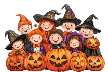 A group of cheerful children wearing Halloween costumes, surrounded by carved pumpkins, celebrating the festive spirit of Halloween.